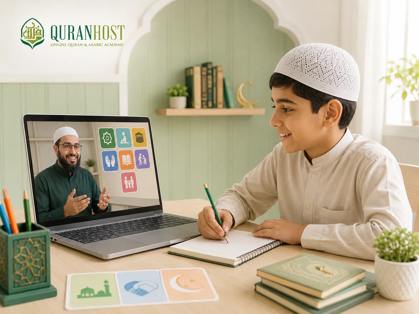 A boy taking a live online Islamic lesson with a QuranHost teacher