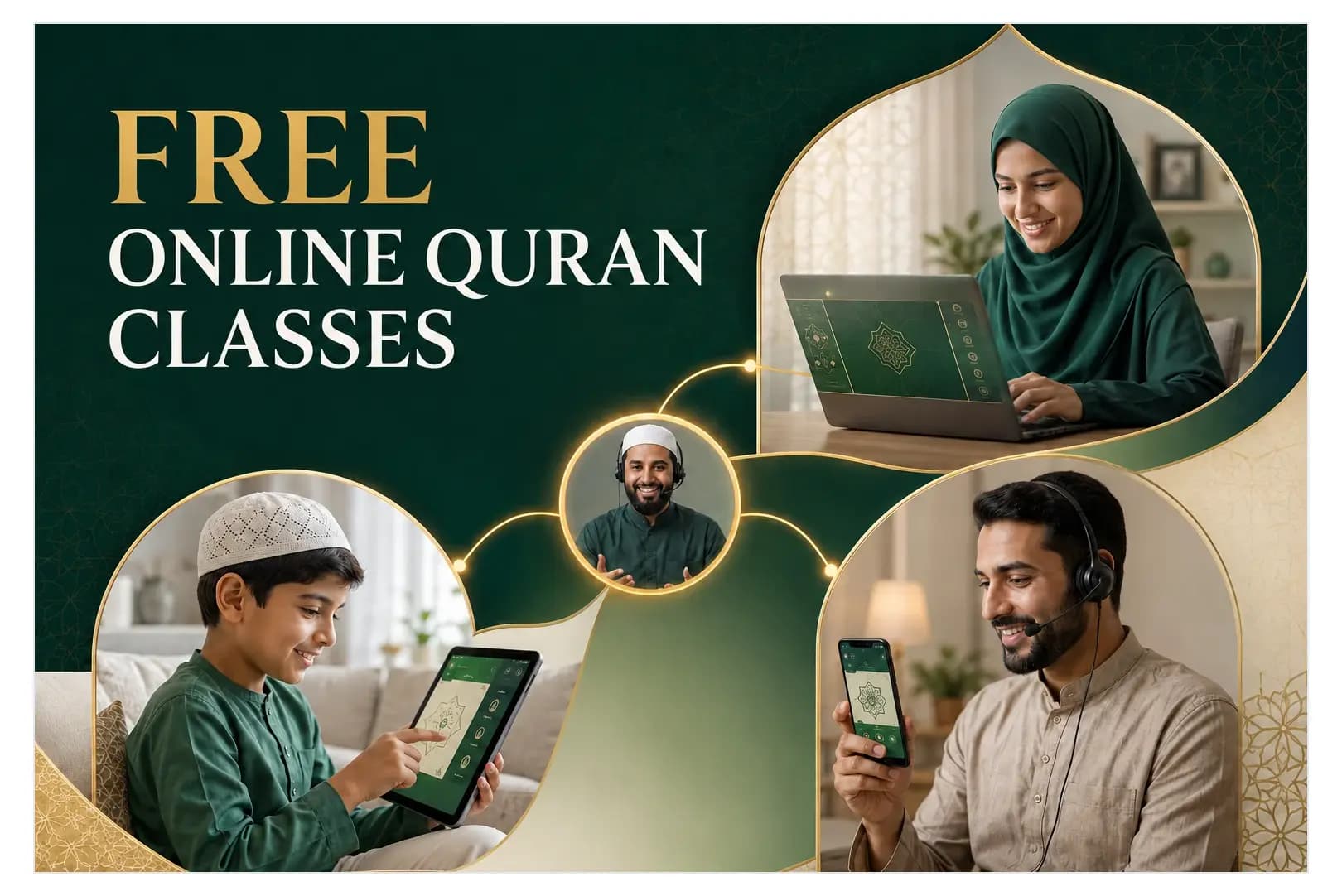 Free online Quran classes at QuranHost β a woman, a man and a child learning the Quran with a live tutor